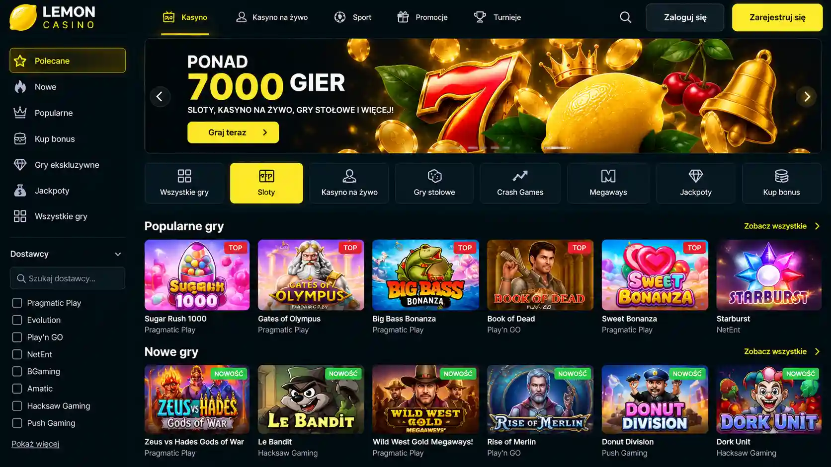Lobby gier Lemon Casino z filtrami kategorii sloty, kasyno na żywo, gry stołowe i popularnymi tytułami