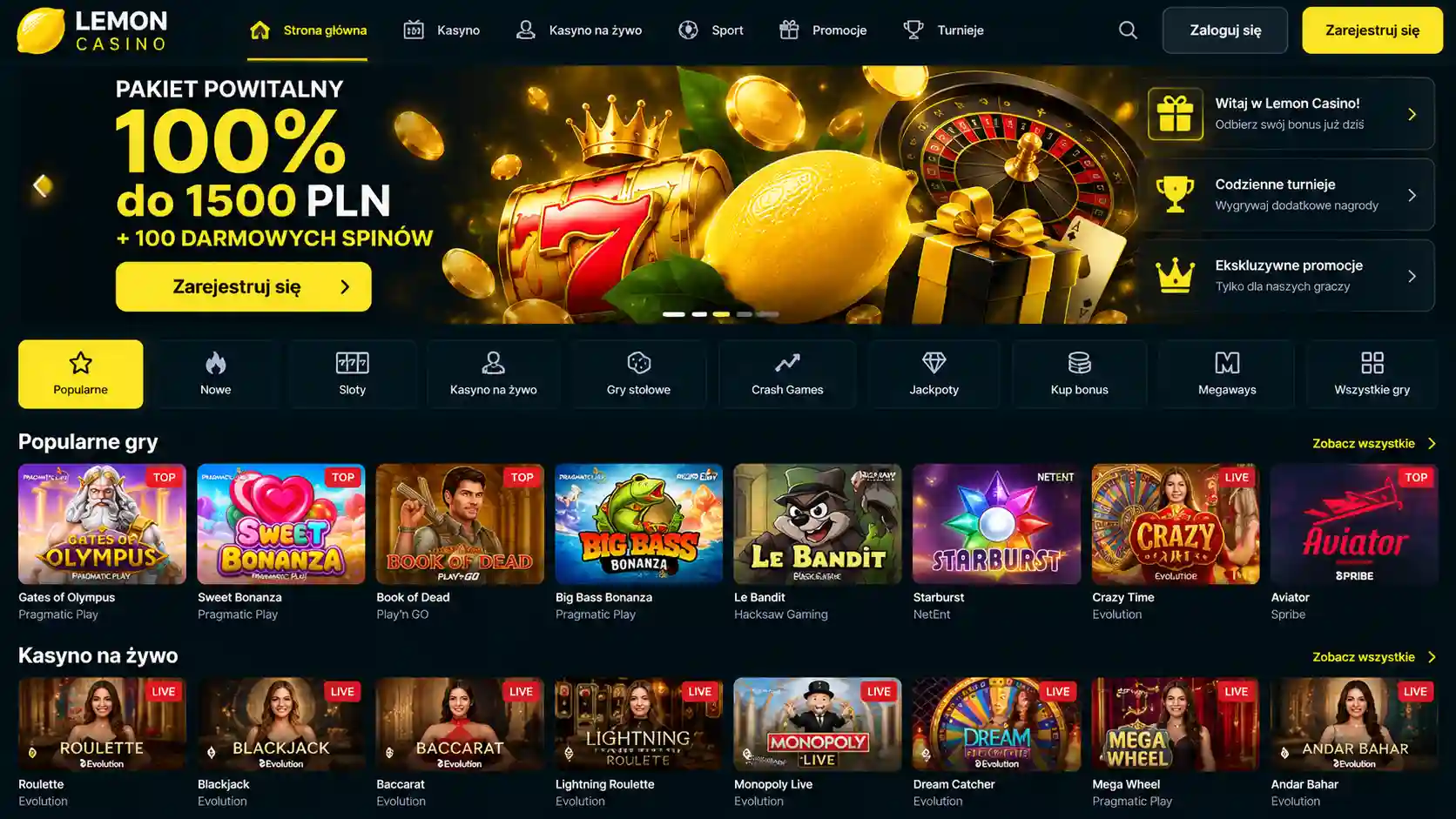 Strona główna Lemon Casino PL – widok desktopowy z nawigacją i przyciskami logowania