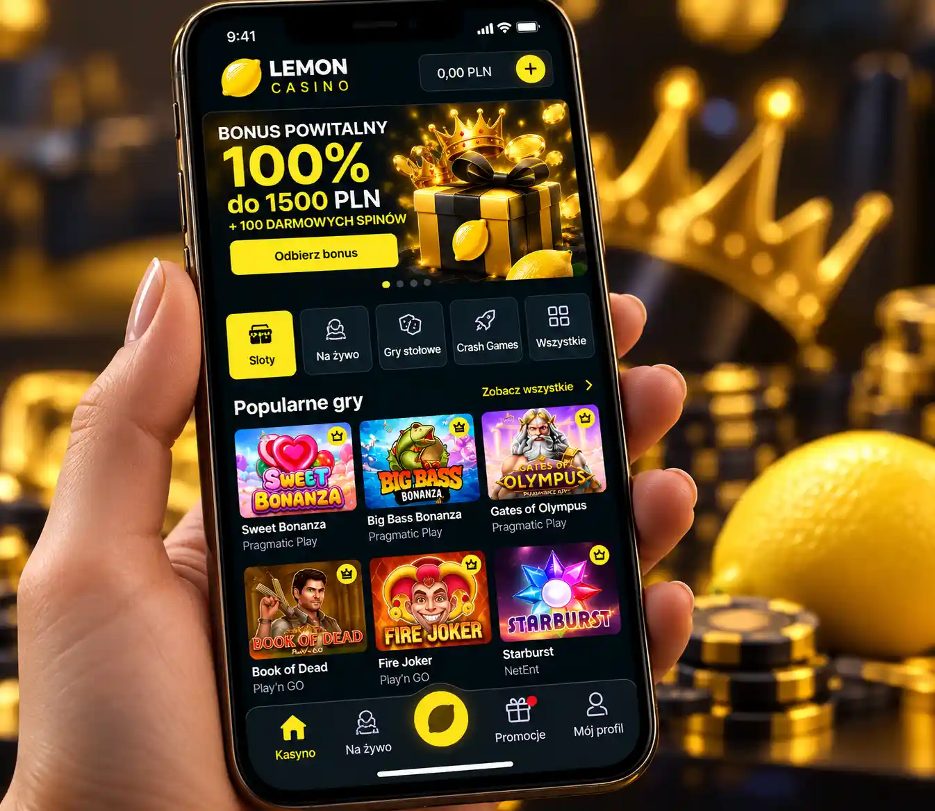 Mobilna wersja Lemon Casino na ekranie smartfona z lobby gier i bonusem powitalnym do 1500 PLN