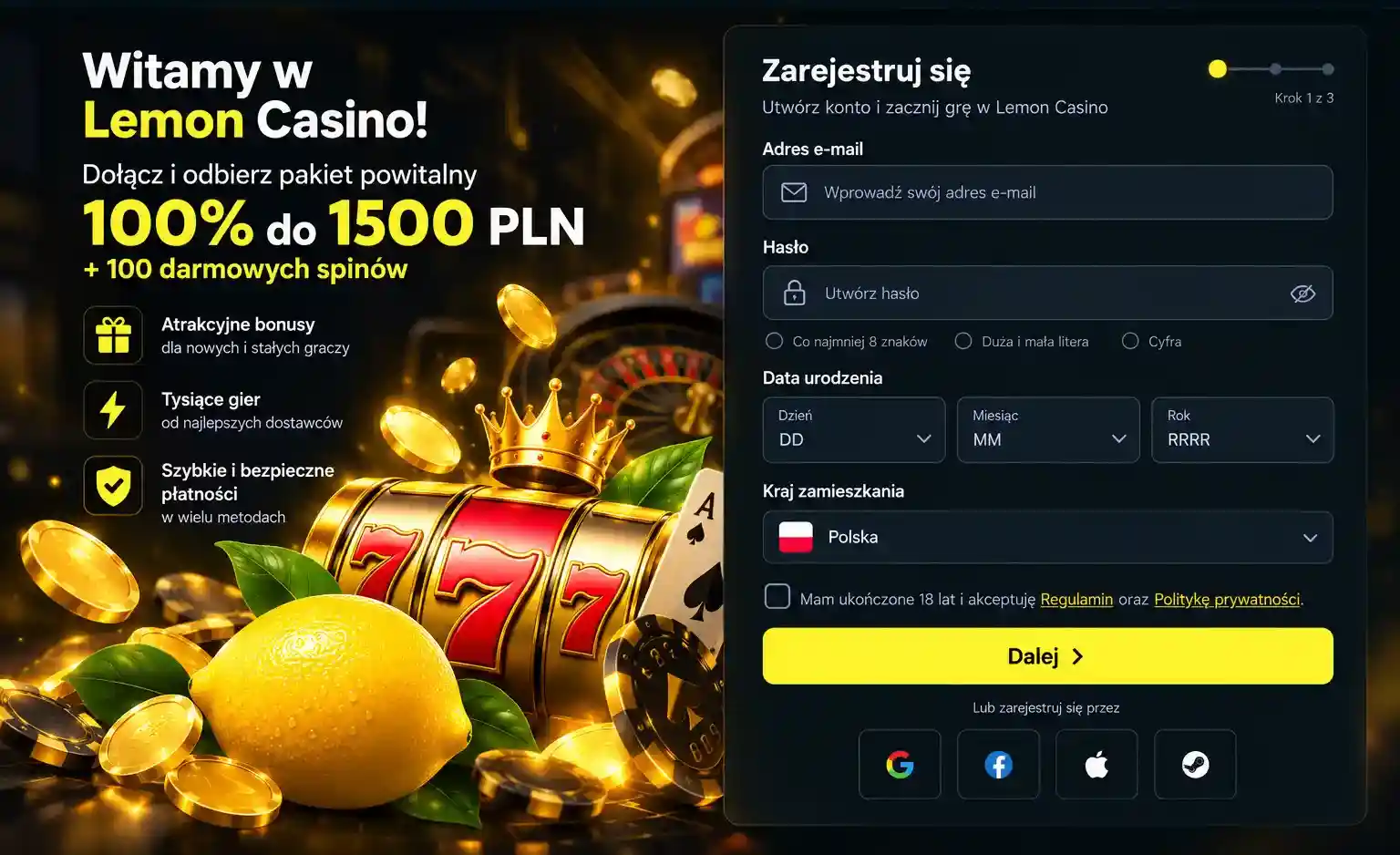 Formularz rejestracji Lemon Casino z polami adres e-mail, hasło, data urodzenia i kraj zamieszkania