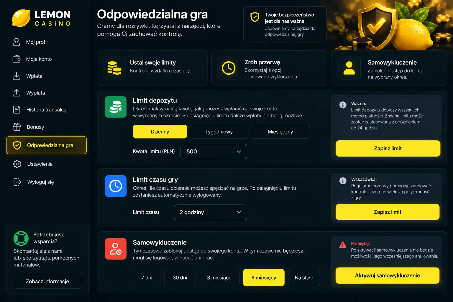 Sekcja Odpowiedzialna gra w panelu Lemon Casino z limitami depozytu, czasu gry i samowykluczeniem