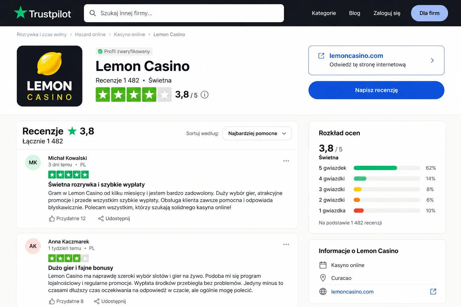 Strona Lemon Casino na Trustpilot z oceną 3,8 z 5 na podstawie 1482 recenzji graczy