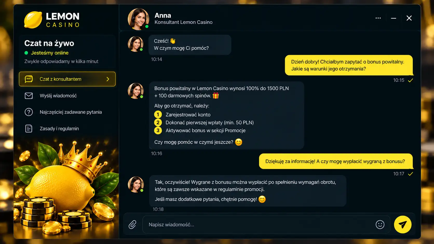Okno czatu na żywo Lemon Casino z dialogiem konsultanta Anny i gracza w języku polskim